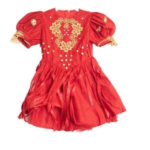 Vintage Red Size 2 Girls Dress W/ Gold Embroidery Puffy Sleeves & Layered Ribbon